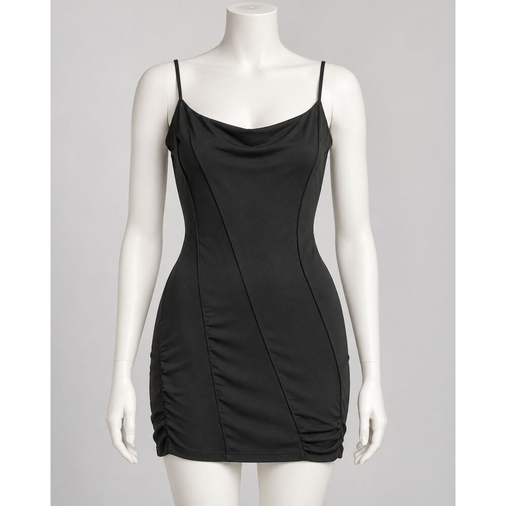 Papaya Womens Black Bodycon Mini Dress Spaghetti Strap Ruched Seamed Size L